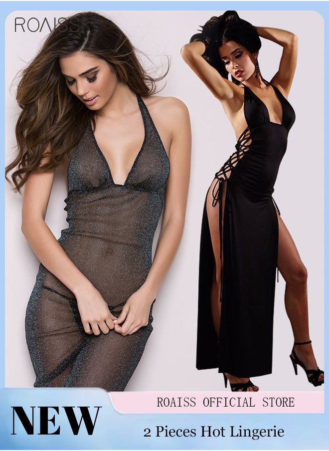 roaiss 2-Piece Women's Silvery Translucent Halter Dress + Hollowed-Out Lace Halter Split Dress  - Image 1