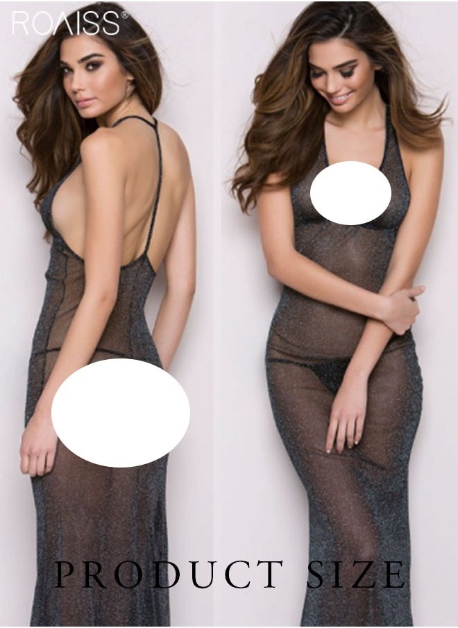 roaiss 2-Piece Women's Silvery Translucent Halter Dress + Hollowed-Out Lace Halter Split Dress  - Image 2
