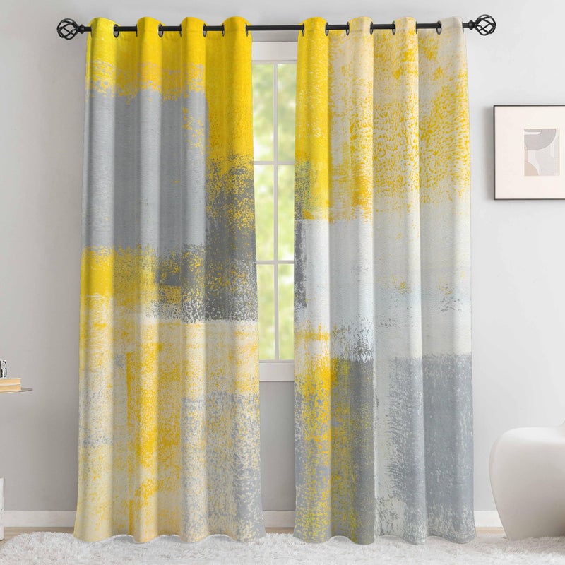 Asuexpect Yellow Window Curtain Yellow Grey Abstract Thermal Insulating Drapes Rust Art Treatment Drapes Modern Curtains For Living Room Bedroom Hotel 52"" X 84"" 2 Panels - Image 3