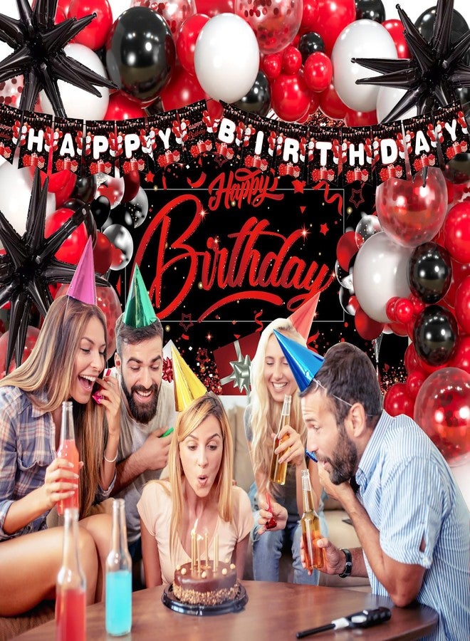 OWPFJG طقم قوس بالونات باللون الأحمر والأسود والأبيض، 120 قطعة زينة عيد ميلاد للرجال والنساء والأولاد والبنات مع خلفية لافتة عيد ميلاد سعيد، مفرش طاولة، بالونات نجوم حمراء مزينة بالقصاصات الورقية - Image 4