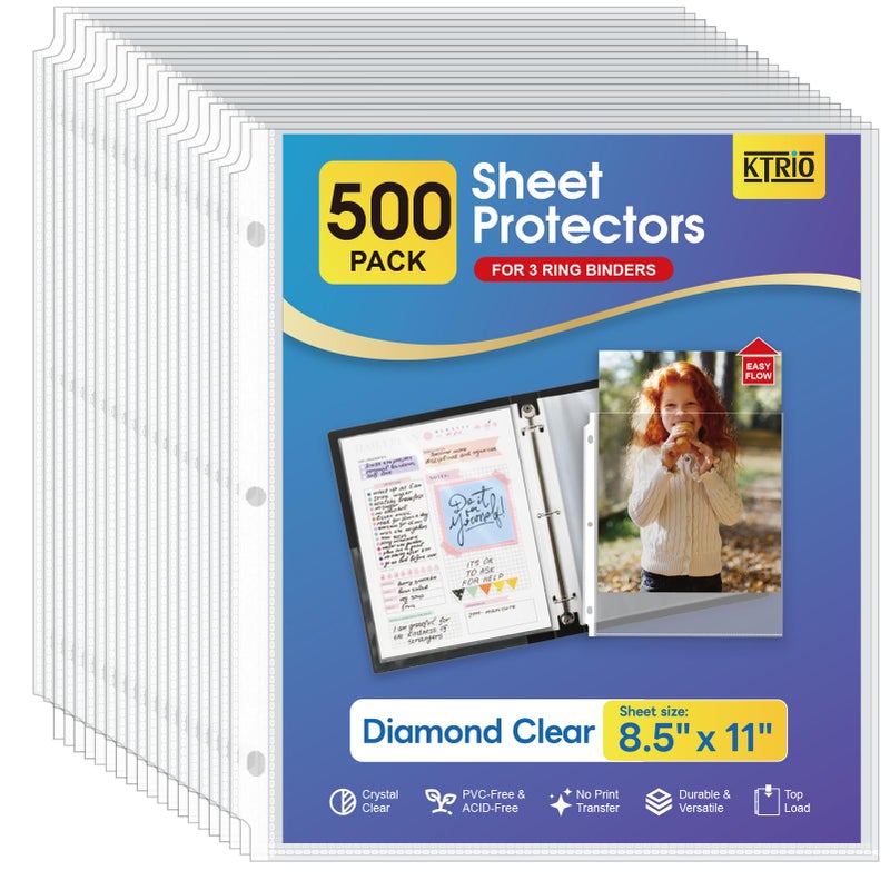KTRIO 500 Pack Sheet Protectors 85 x 11 inch Clear Page Protector for 3 Ring Binder Plastic Sleeves for Binders Top Loading Paper Sheets Document Sleeve Letter Size Office Home