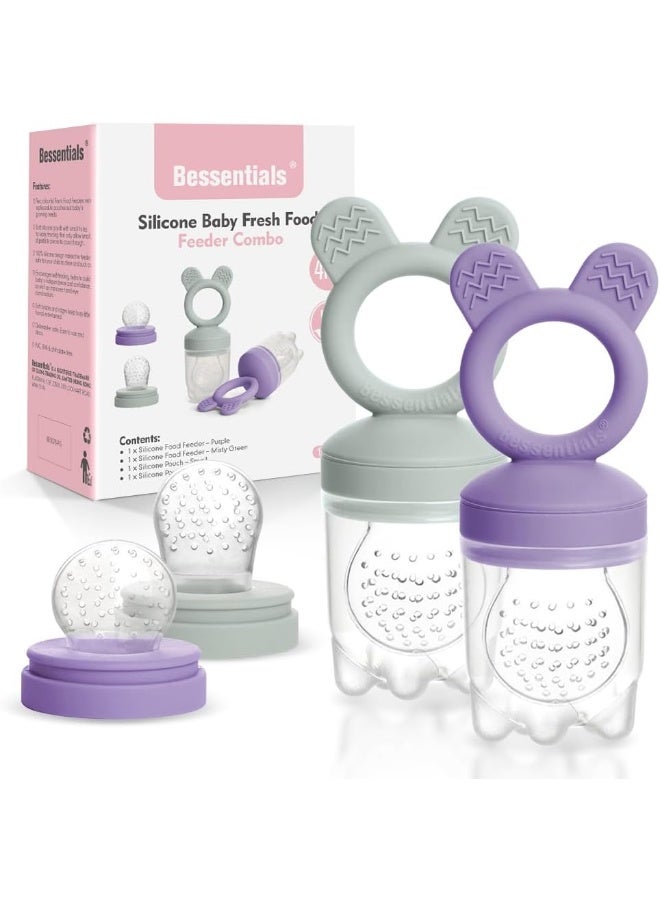 Bessentials Baby Fresh Fruit Food Feeder - 2 Pack Silicone Baby Mesh Feeders for Infant Safe Self Feeding |3 Sizes Food Pouches Included| Suitable for Baby 4m+ (Blue&Pink) - Image 1