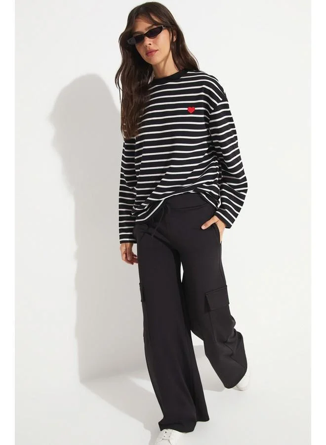 جون June Crew Neck Striped Long Sleeve Blouse White - Navy