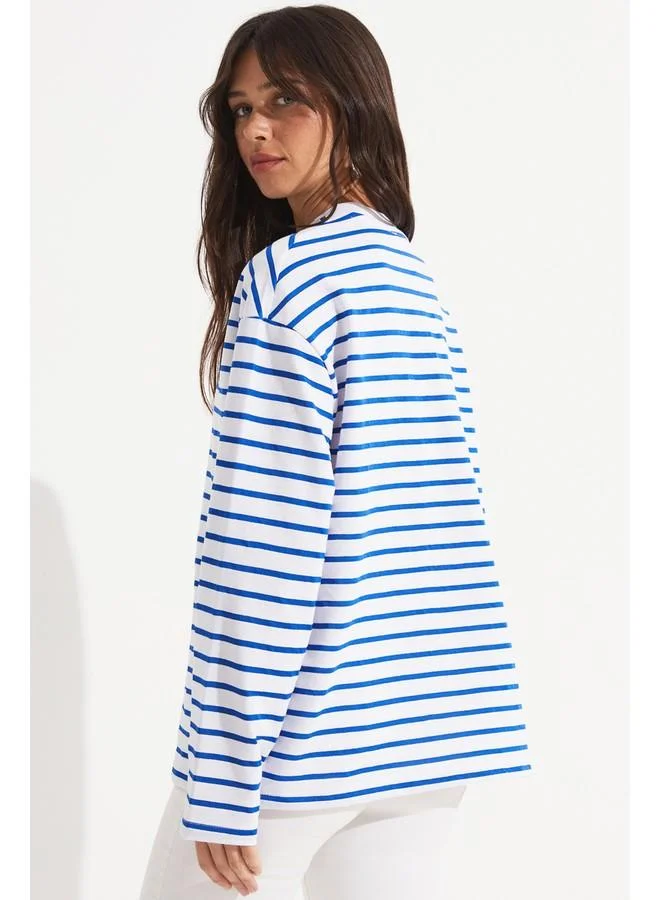 جون June Crew Neck Striped Long Sleeve Blouse White - Navy