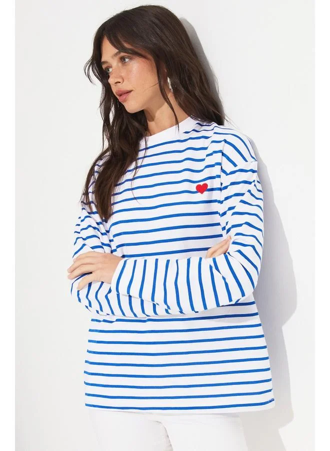 جون June Crew Neck Striped Long Sleeve Blouse White - Navy