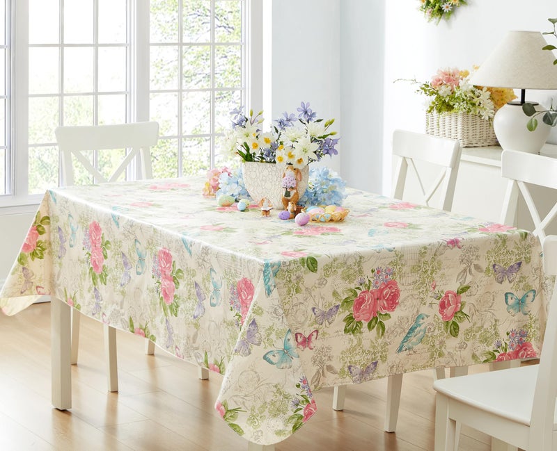 Newbridge Victoria Pastel Rose Floral 60 x 102 Inch Rectangle Vinyl Flannel Backed Tablecloth Roses and Butterfly French Country Print Vinyl Tablecloth with Flannel Backing Dining Party