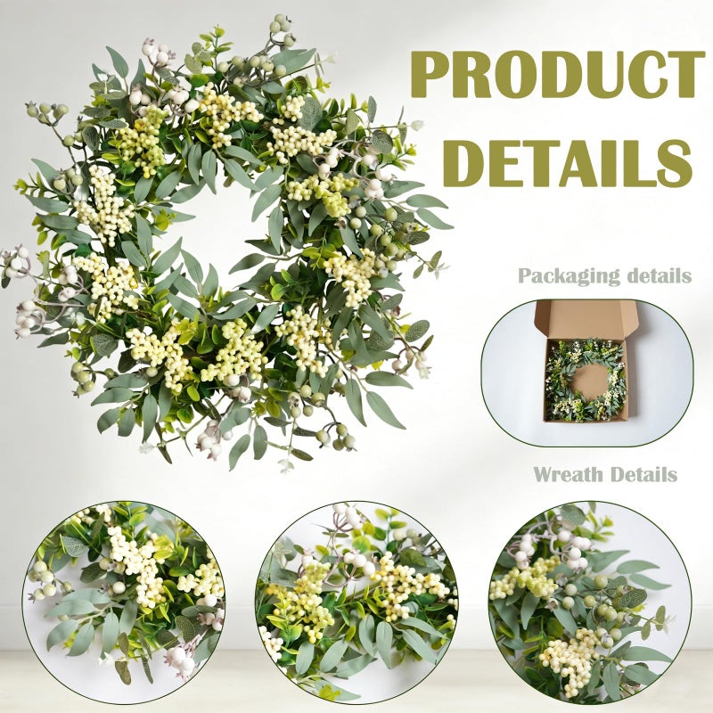 Bibelot Eucalyptus Wreath for Front Door 22 Inch, Artificial Green Leaves Wreath with White Berries, Spring Wreaths All Season for Home Porch Wall Window Festival Wedding Decor - Image 3