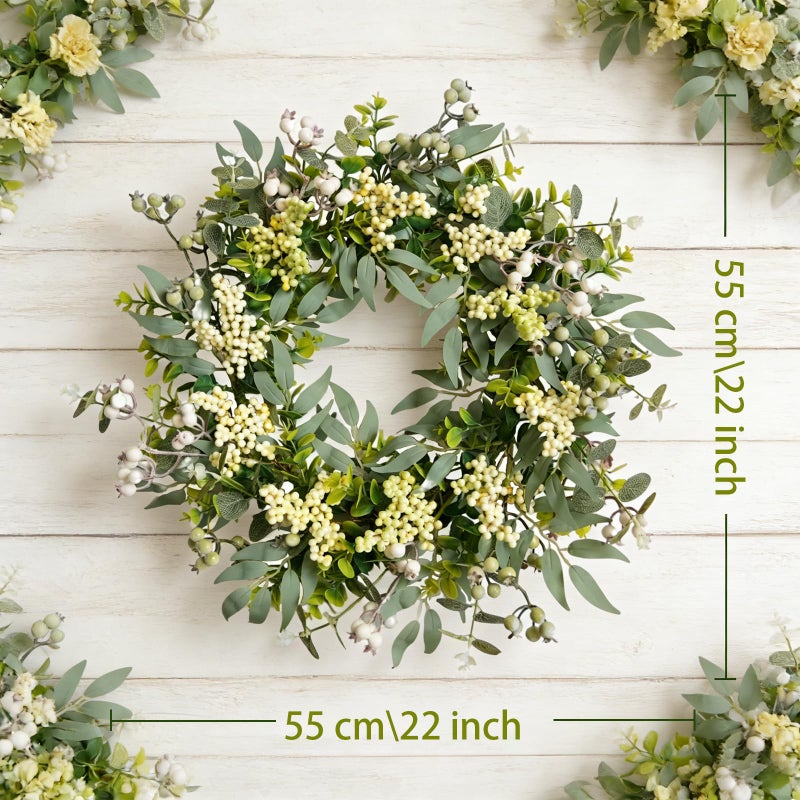 Bibelot Eucalyptus Wreath for Front Door 22 Inch, Artificial Green Leaves Wreath with White Berries, Spring Wreaths All Season for Home Porch Wall Window Festival Wedding Decor - Image 4