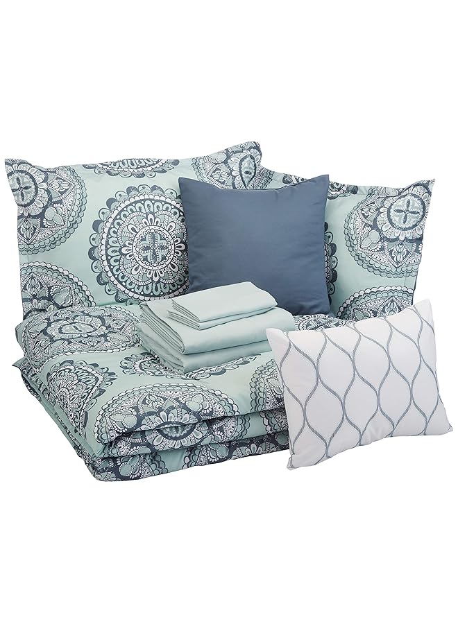 erorex 10 Piece Bed In A Bag Soft Easy Wash Microfiber Full Queen Sea Foam Medallion  - Image 1