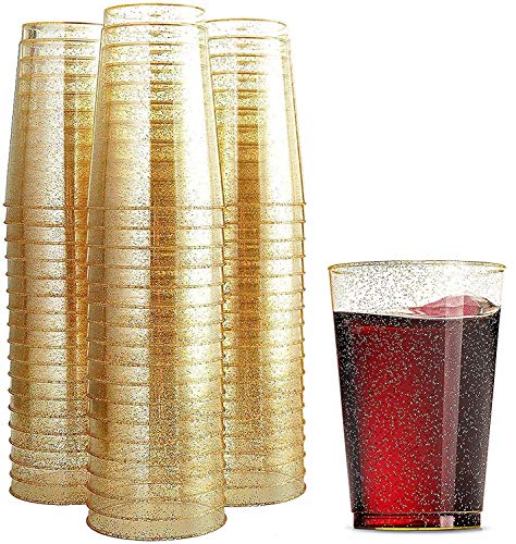Munfix 100 Glitter 12 Oz Clear Plastic Cups Tumblers Gold Glitter Disposable Wedding Elegant Party Cups Recyclable and BPAFree
