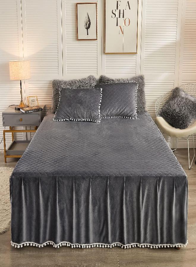 LIFEREVO LIFEREVO Luxury Pom Poms Velvet Bed Skirt, Velvet Wrap Around Bed Skirt, Diamond Quilted Fitted Bed Sheet Bedskirt, 18 Inch Drop Dust Ruffle Decorative Bed Skirt Pompoms Fringe(Full/Queen, Dark Gray)  - Image 1