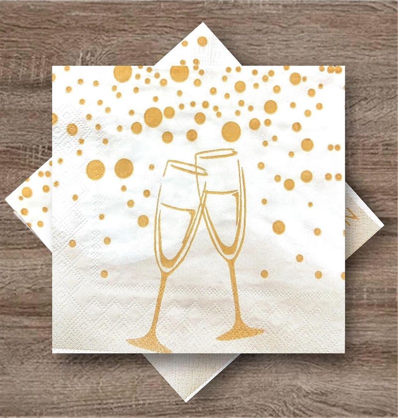 NICE Touch Printed 3-Ply Paper Napkins for Parties and Celebrations (25 Pulls Per Pack, 50 Sheets, 33 X 33 cm), Pack of 2 Printed Tissues | Gold Dots and Champagne Glasses Design - Image 1