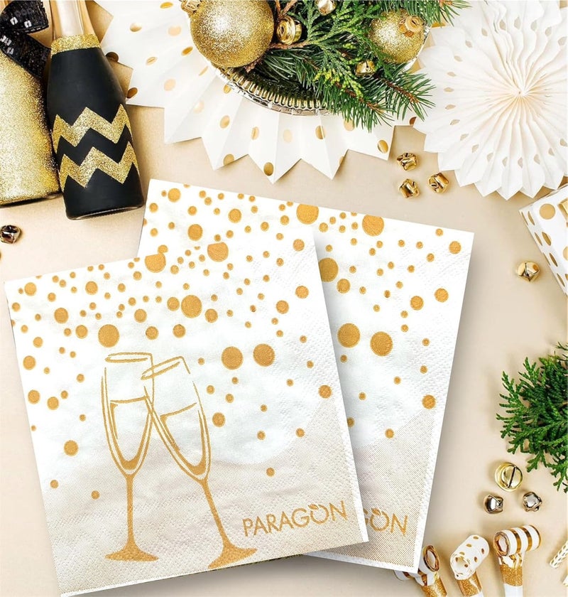 NICE Touch Printed 3-Ply Paper Napkins for Parties and Celebrations (25 Pulls Per Pack, 50 Sheets, 33 X 33 cm), Pack of 2 Printed Tissues | Gold Dots and Champagne Glasses Design - Image 2