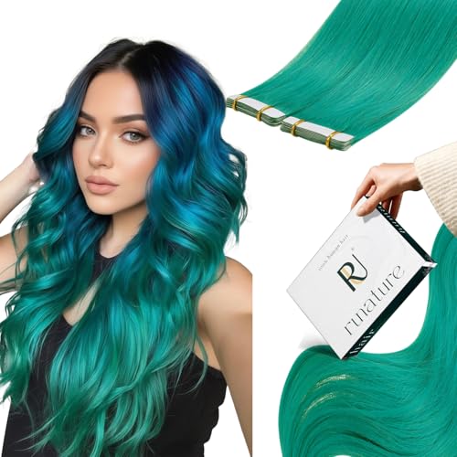 RUNATURE Tape in Hair Extensions Real Human Hair Colored Teal Hair Extensions for Highlight 16 Inch 25g 10pcs Remy Natural Hair Tape in Extensions Soft Real Hair - Image 2