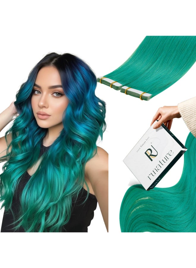 RUNATURE Tape in Hair Extensions Real Human Hair Colored Teal Hair Extensions for Highlight 16 Inch 25g 10pcs Remy Natural Hair Tape in Extensions Soft Real Hair - Image 3