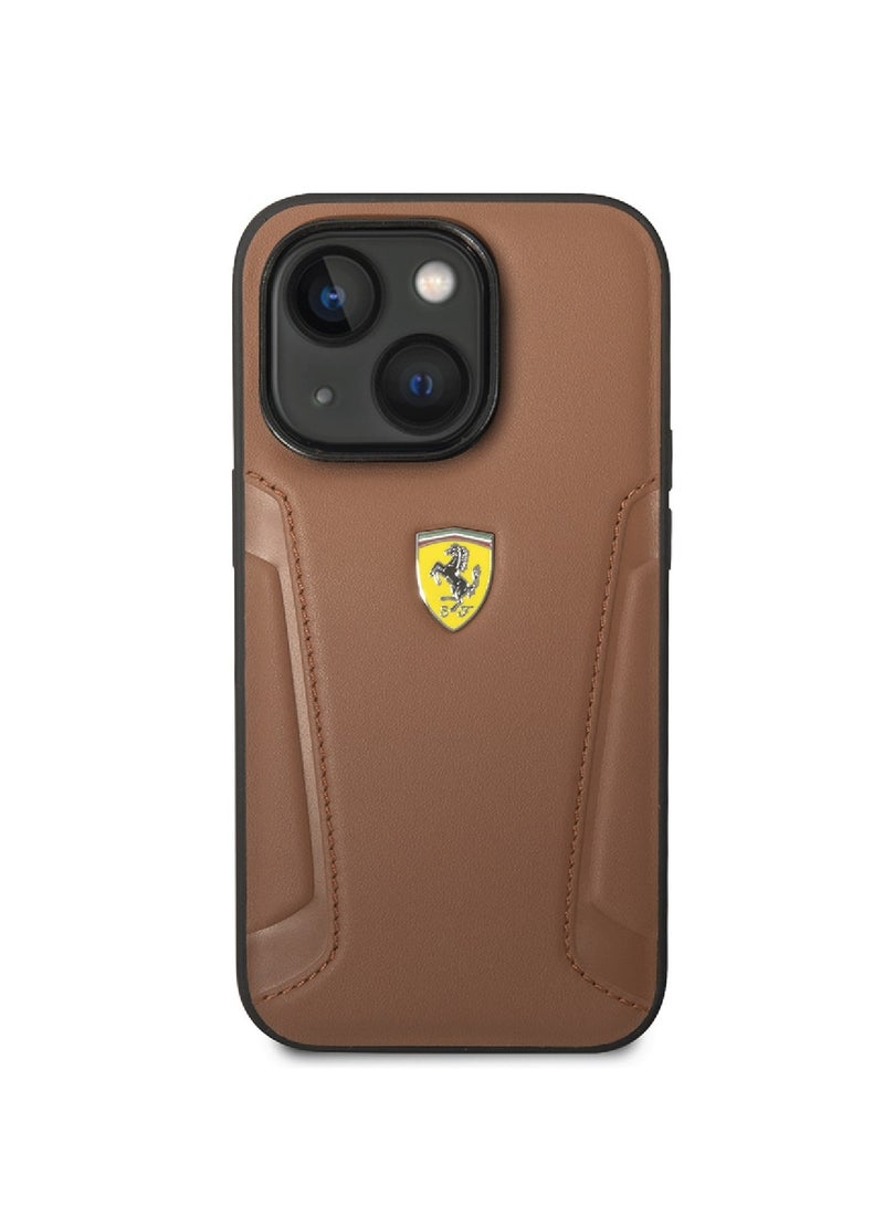 Ferrari iPhone 14 Case Leather Back Cover with Hot Stamped Sides & Yellow Shield Logo / Easy Snap-On / Scratch Protection - Camel - Image 1