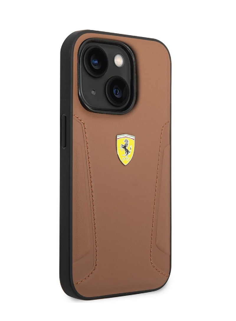 Ferrari iPhone 14 Case Leather Back Cover with Hot Stamped Sides & Yellow Shield Logo / Easy Snap-On / Scratch Protection - Camel - Image 2