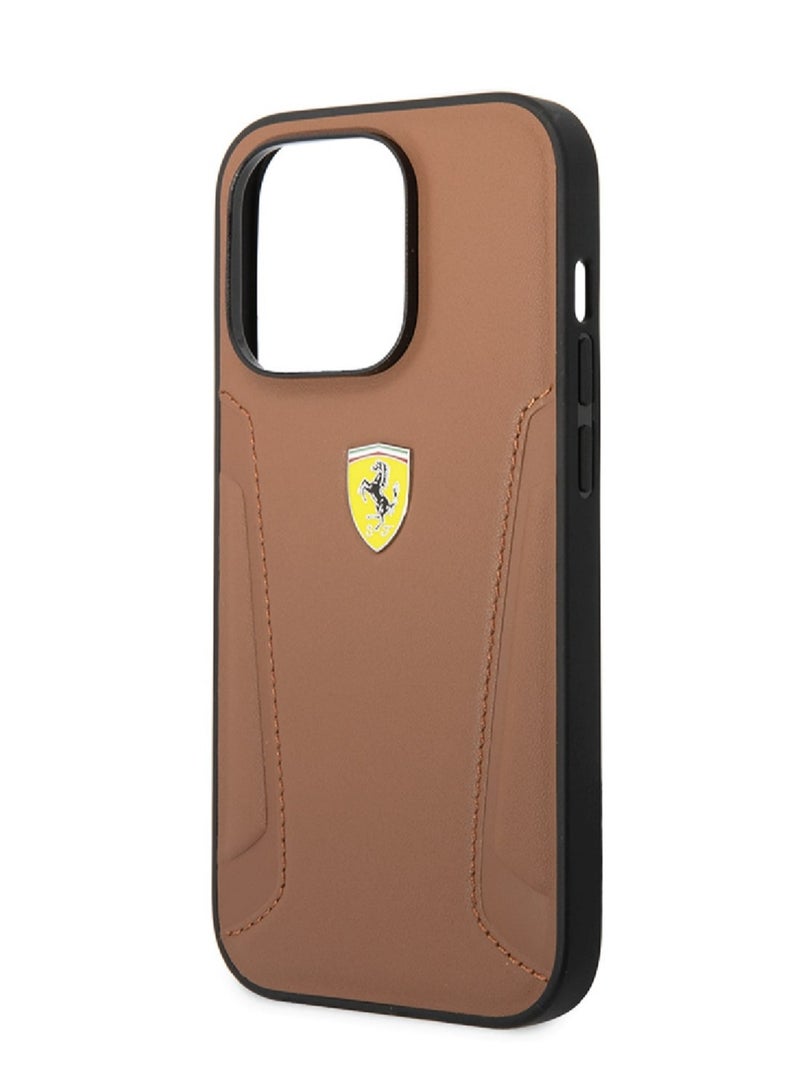 Ferrari iPhone 14 Case Leather Back Cover with Hot Stamped Sides & Yellow Shield Logo / Easy Snap-On / Scratch Protection - Camel - Image 4