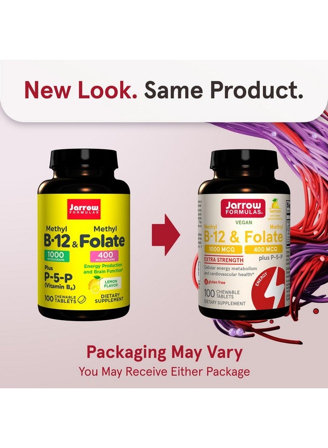 Jarrow Formulas Extra Strength Methyl B-12 1000 mcg & Methyl Folate 400 mcg + P-5-P, Dietary Supplement for Cellular Energy Metabolism and Cardiovascular Support, 100 Chewable Tablets, 100 Day Supply - Image 1