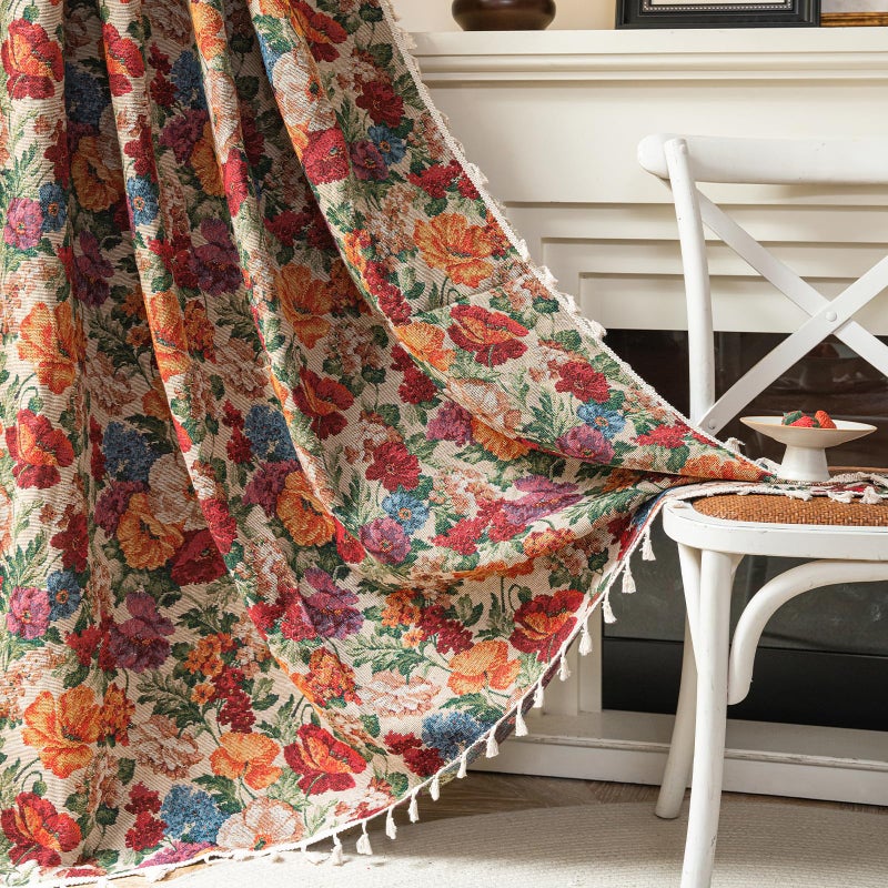 ENJOYBRIDAL Floral Curtains 63 Inch Long Semi Sheer Short Drapes Bedroom Rod Pocket Jacquard 2 Panels Window Curtains Farmhouse Boho Tassel Patterned Living Room Botanical Window Treatments - Image 1