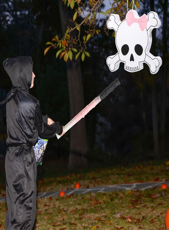 نيزيو هدايا حفلة بينياتا نيزيو باد تو ذا بون، جمجمة وردية وبيضاء، مستوحاة من موسيقى الروك أند رول، بينياتا ثانية مع عصا وعصابة للعينين، مستلزمات زينة حفلة هالوين باد تو ذا بون - Image 5