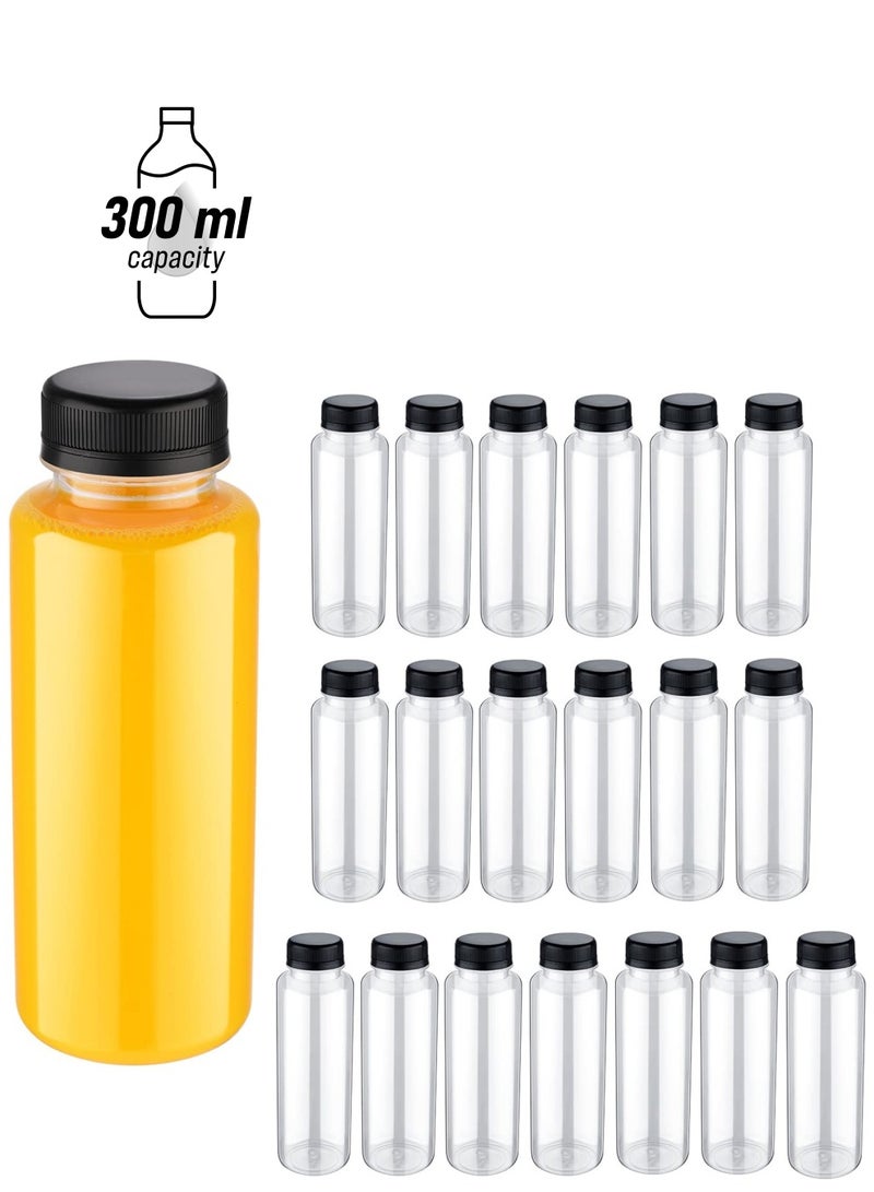 SYOSI زجاجات مشروبات قابلة للاستخدام لمرة واحدة بكميات كبيرة، عبوة 20 زجاجة عصير بلاستيكية شفافة من PET مع أغطية سوداء، زجاجات مشروبات بلاستيكية مستديرة صغيرة فارغة مثالية للعصير، الحليب، (10 أونصة، 300 مل) - Image 1