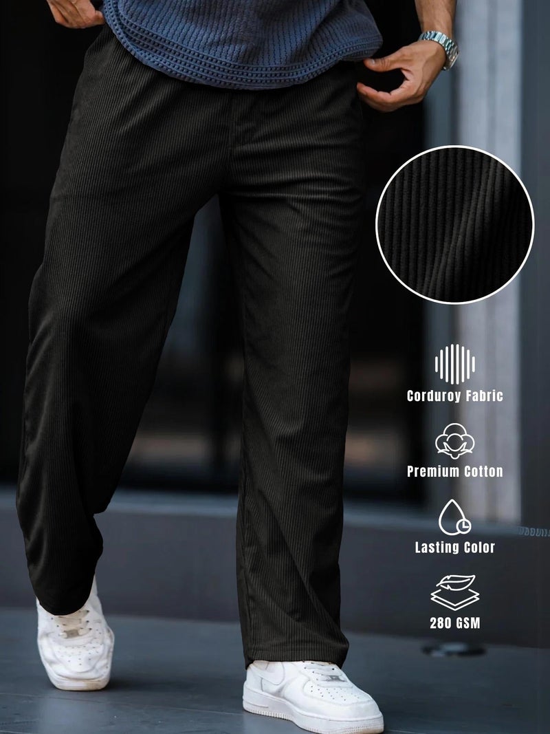 SWADESI STUFF Men's Corduroy Trousers – Mid-Rise Straight Fit Pants with Self Design | Premium Cotton Corduroy | Lasting Color | Comfortable 280 GSM Fabric (in, Alpha, 2XL, Standard, Black) - Image 4