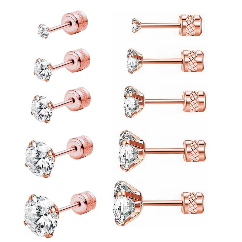 5 Pairs Screw Back Stud Earrings,Hypoallergenic Stainless Steel Cubic Zirconia Double Sided Ear Ringing for Women Men Cartilage Tragus Earring 2-6mm (Rose Gold)