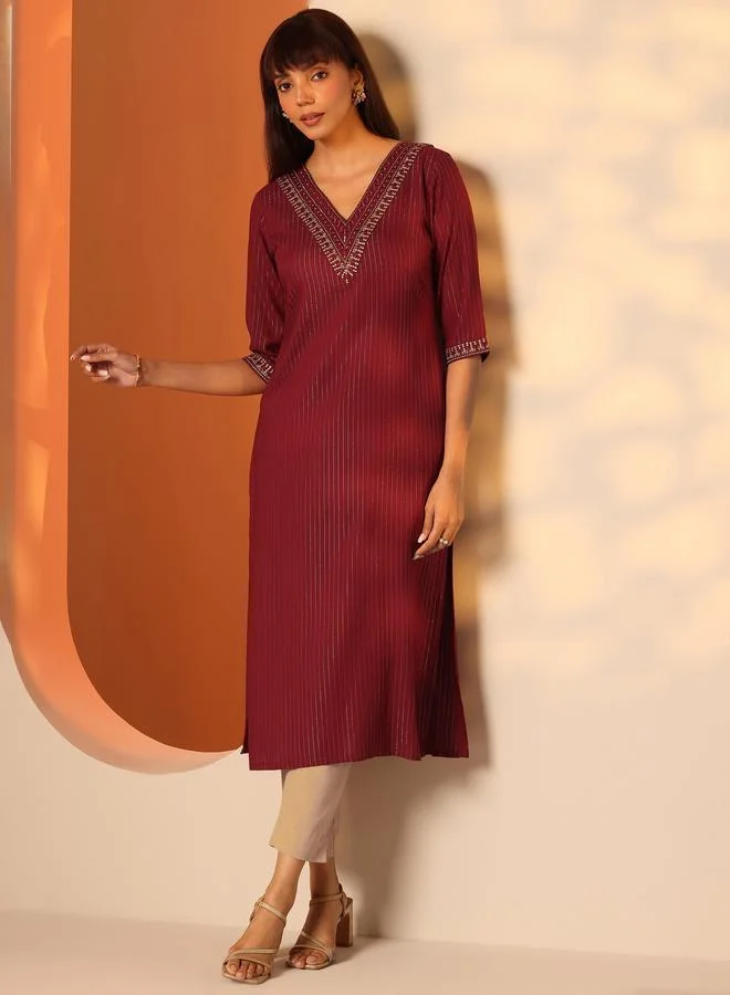 Libas Red Embellished Rayon Straight Kurta