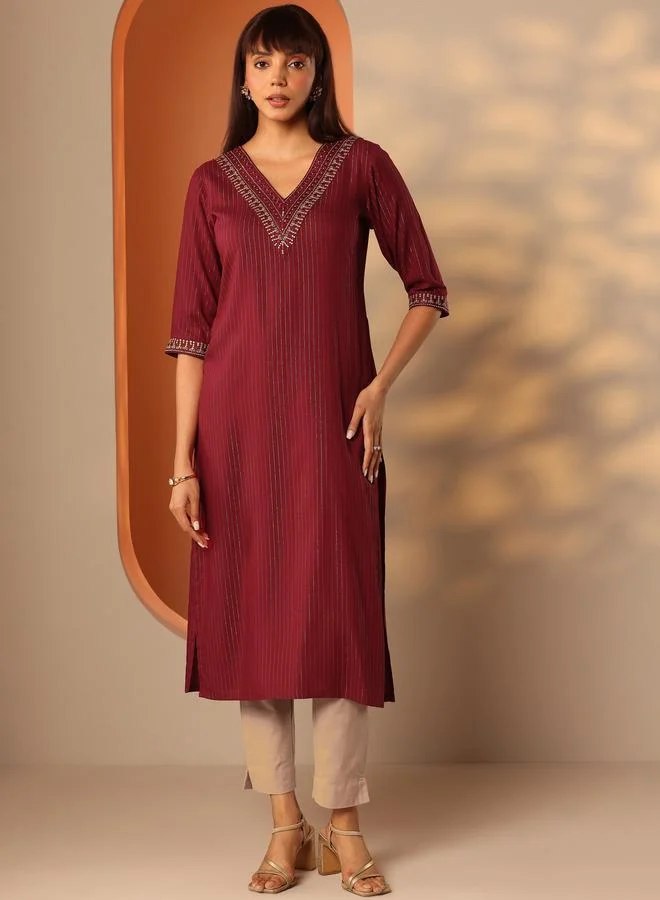 Libas Red Embellished Rayon Straight Kurta