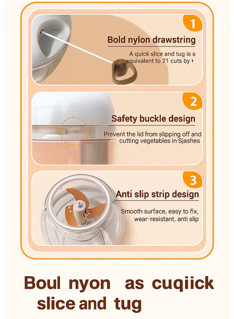 محضّر طعام يدوي سعة 900 مل – قطّاعة خضروات يدوية بسحب اليد مع شفرات من الفولاذ المقاوم للصدأ ووعاء شفاف - Image 2