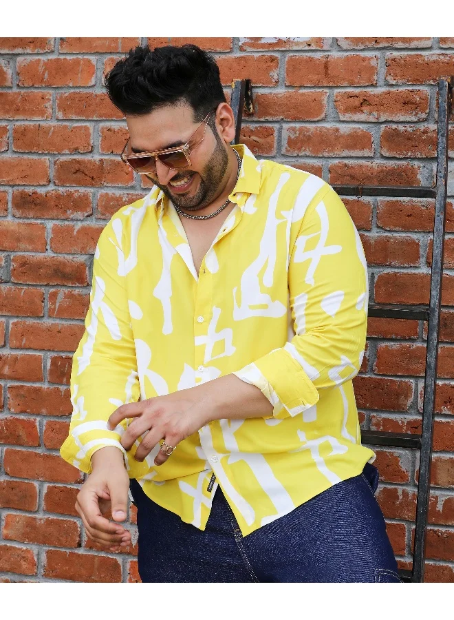 Instafab Plus Men's Lemon Yellow Abstract Print Shirt