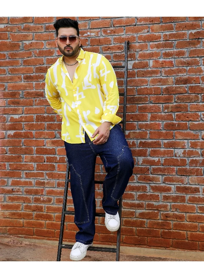 Instafab Plus Men's Lemon Yellow Abstract Print Shirt