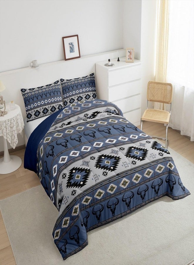 Feelyou Kids Western Bull Skull Bedding Set Queen Size, Southwestern Aztec Comforter Set Men Women Boho Tribal Comforter Ethnic Bohemian Rustic Country Teens Duvet Set with 2 Pillow Case - Image 2