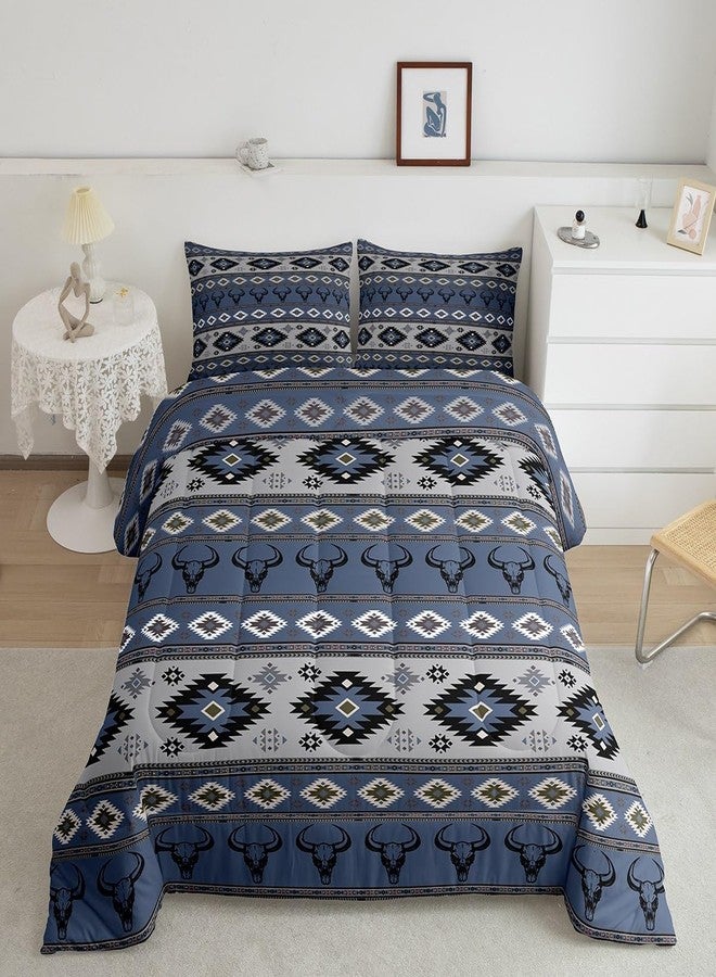 Feelyou Kids Western Bull Skull Bedding Set Queen Size, Southwestern Aztec Comforter Set Men Women Boho Tribal Comforter Ethnic Bohemian Rustic Country Teens Duvet Set with 2 Pillow Case - Image 1