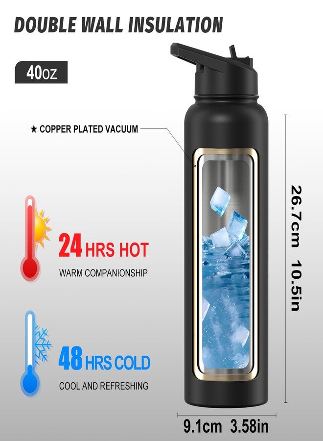 WATERSY 40oz Insulated Water Bottle (Cold for 48 Hrs),BPA Free&Leak Proof,Stainless Steel Water Flask,Water Jug with Straw Spout Lids for Gym,Hiking,Travel,Black - Image 2