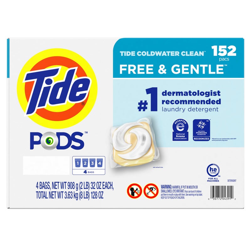 Tide PODS Liquid Laundry Detergent Pacs Free & Gentle 152-count, LARGE, White - Image 1