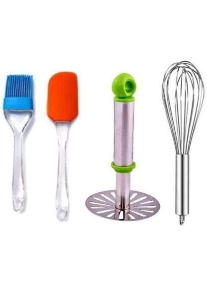 C DEVICE C DEVICE Multipurpose NonStick Heat Resistance Silicone Spatula Cooking Oil Brush Set Seamless Flexible with Egg Whisker and Stainless Steel Potato Masher Kitchen Tool Set Pack of 4  - Image 1