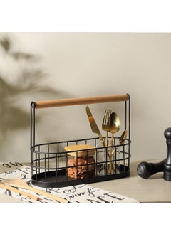 Enhabit Enhabit Wire Oval Caddy with Wooden Handle Organizer for Napkin Spice Salt and Pepper Shakers Cutlery Holder for Kitchen Dining Table Multipurpose Storage Use Sturdy Metal Construction Black  - Image 1