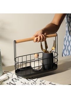 Enhabit Enhabit Wire Oval Caddy with Wooden Handle Organizer for Napkin Spice Salt and Pepper Shakers Cutlery Holder for Kitchen Dining Table Multipurpose Storage Use Sturdy Metal Construction Black  - Image 4