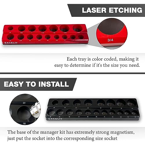 EACELIY 1/2" Magnetic Socket Organizer Set, 2-Piece SAE & Metric Socket Holder Kit,，Tools tray， holds 35 Deep and Shallow 1/2" Sockets, attaches to steel box/tool cart (sockets not included) - Image 5