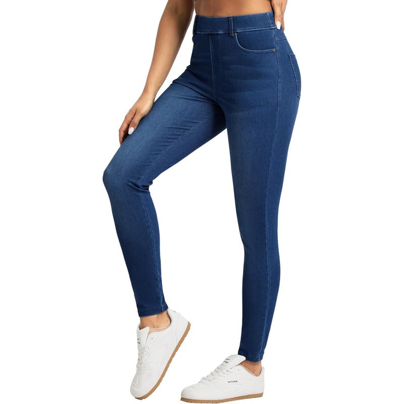 Gym workout leggings: stretchy denim jeggings in classic blue, soft cotton-blend fabric with high waist and squat-proof design for comfort and flexibility - Image 2