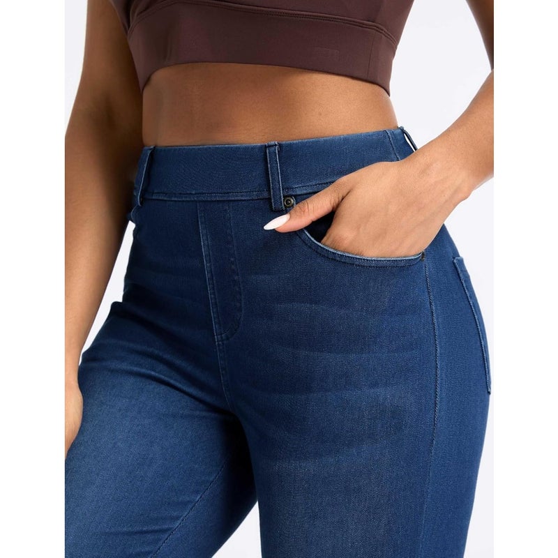 Gym workout leggings: stretchy denim jeggings in classic blue, soft cotton-blend fabric with high waist and squat-proof design for comfort and flexibility - Image 4