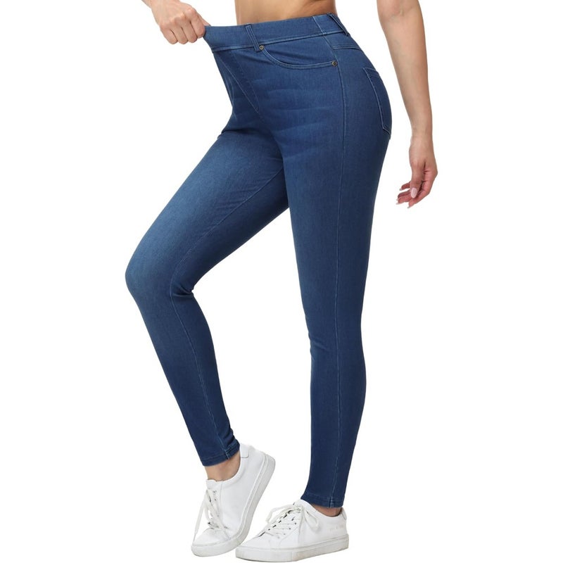 Gym workout leggings: stretchy denim jeggings in classic blue, soft cotton-blend fabric with high waist and squat-proof design for comfort and flexibility - Image 3