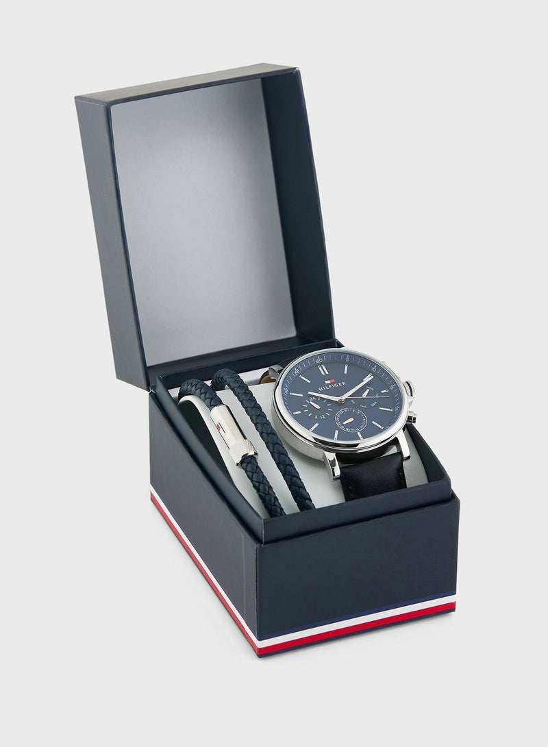 Leather Braided Bracelet Analog Watch Gift Set