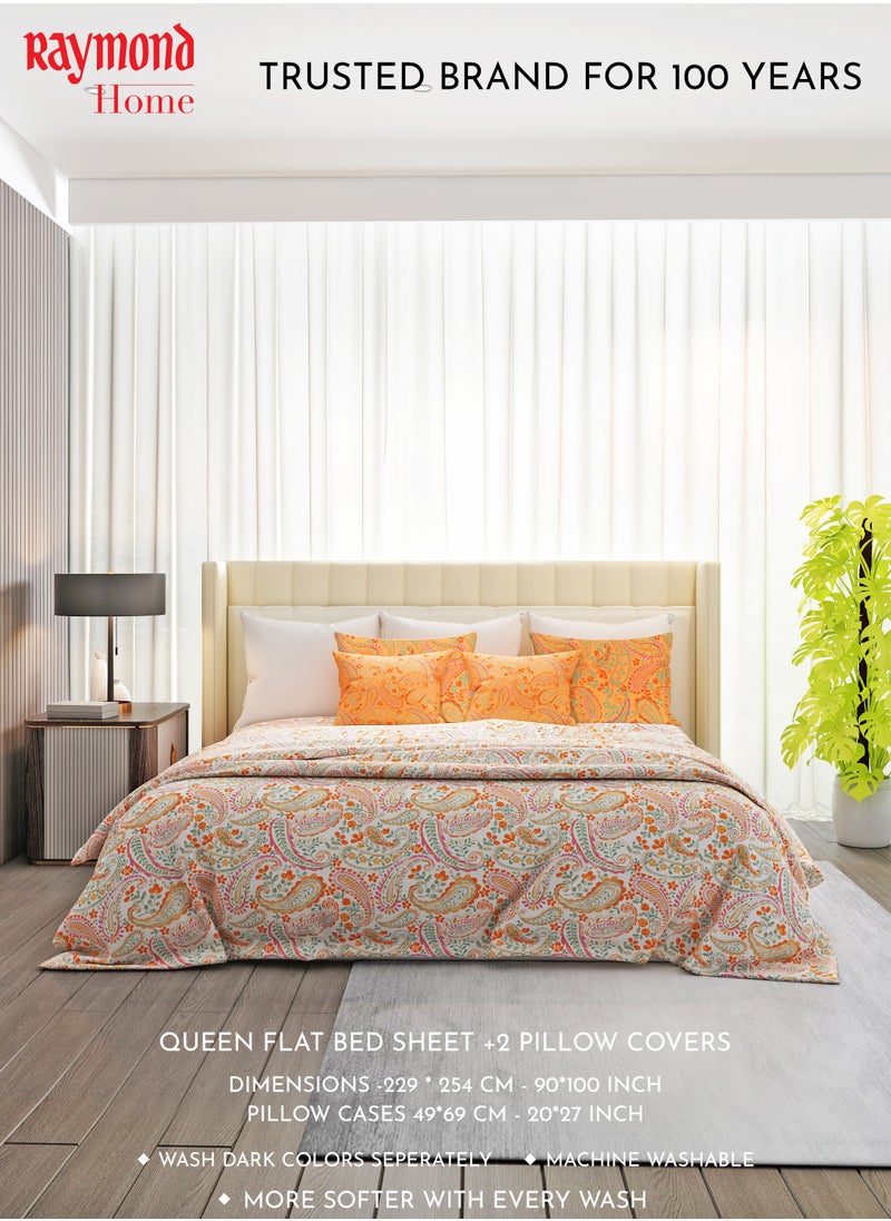 Raymond Raymond Home Queen Flat Sheet Bedsheet 200 Thread Count Luxurious Mercerized 100% Cotton Bedding Printed Pre Shrunk Percale Finish Skin Safe Bed Linen and 2 Pillow Case  (229 * 254 CM)  - Image 1