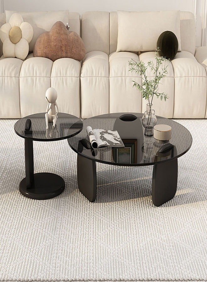 fashionhome Set of 2 Modern Design Stylish Luxury Round Edges Tempered Glass and Premium Wood Coffee Table Side Table Center Table for Living Room Bedroom Home Offices Furniture 80x33 and 50x39 cm - Image 1