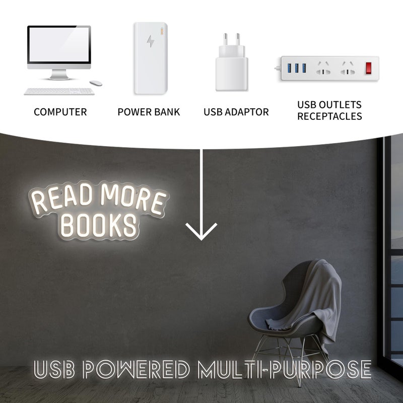 VIKLIU Read More Books Neon Sign Dimmable Book LED Light up Sign for Bedroom Bookstore Reading Room Library Museum Study Room Classroom Wall Decor USB Powered Kids Gifts (15"*6.3") - Image 5