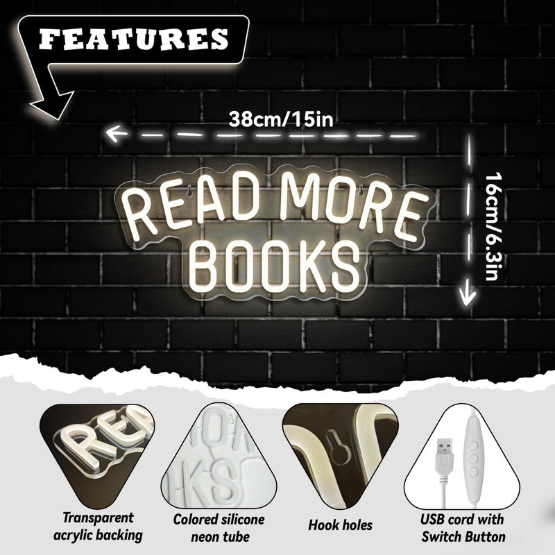 VIKLIU Read More Books Neon Sign Dimmable Book LED Light up Sign for Bedroom Bookstore Reading Room Library Museum Study Room Classroom Wall Decor USB Powered Kids Gifts (15"*6.3") - Image 3