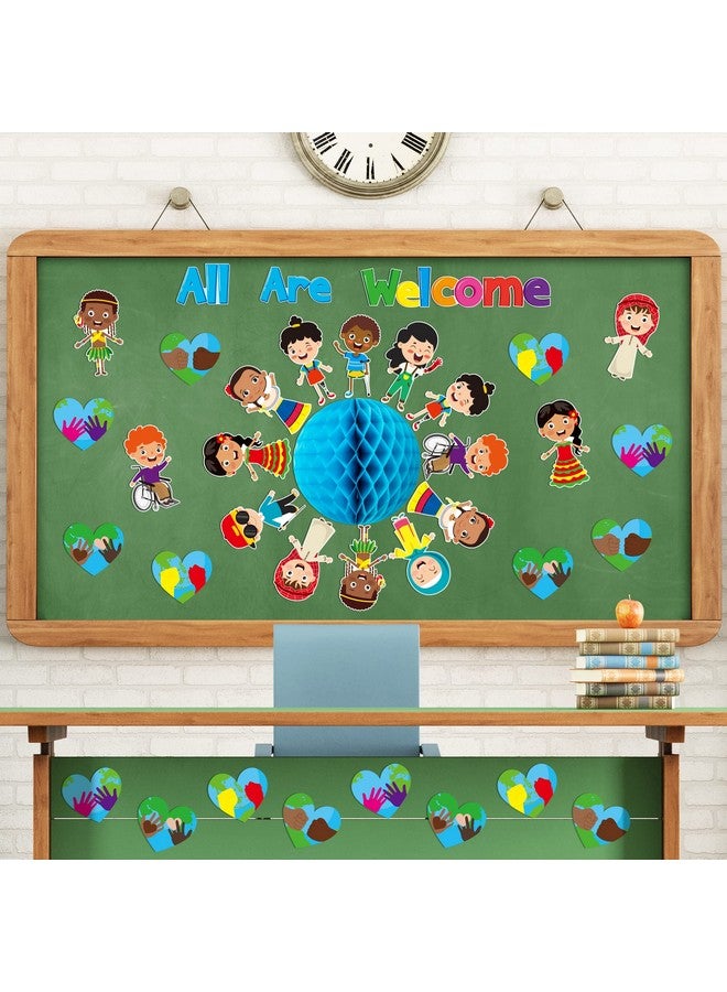 BeYumi 75Pcs Student Diversity Bulletin Board Set All Are Welcome Hearts Cutouts Earth Honeycomb Inclusion Multicultural Bulletin Board Back To School Equality One World Classroom Door Decoration - Image 4
